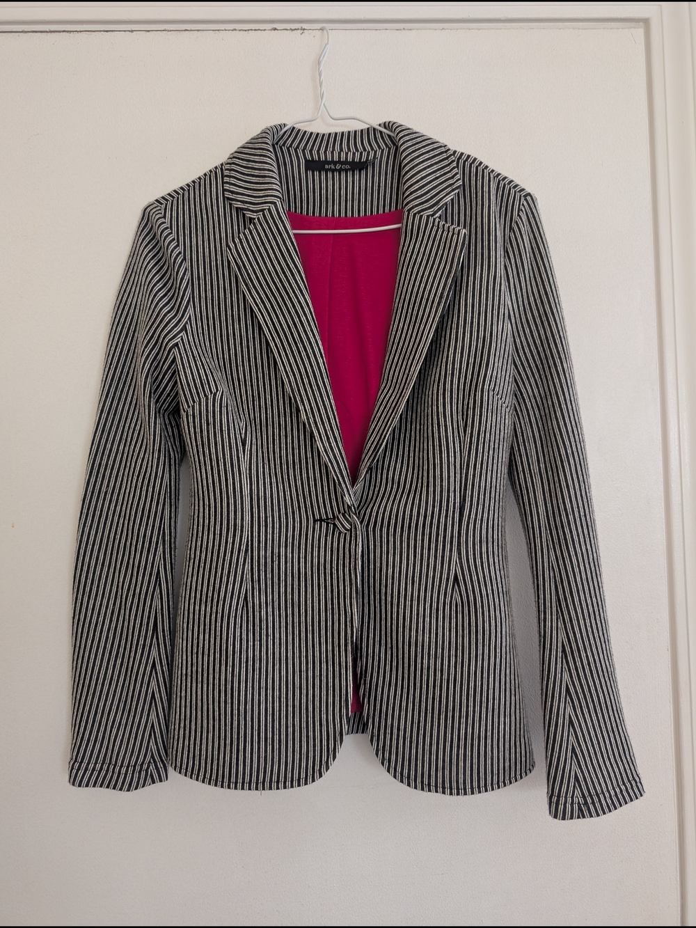 Ark & Co Black and White Pinstripe Blazer with Bright Pink Lining